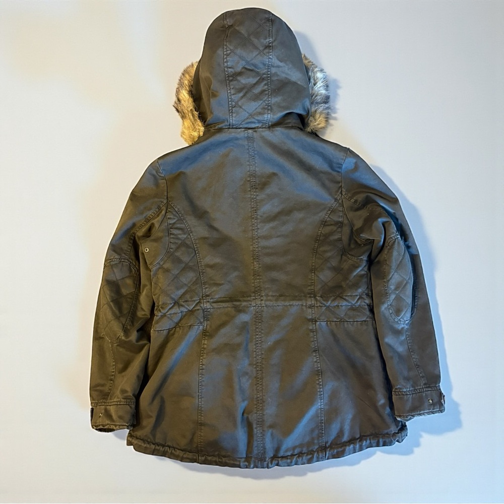 🚨3 for $15 GUESS Y2K Olive Green Jacket Coat Faux Fur Hood Women's Size Large - Picture 4 of 10